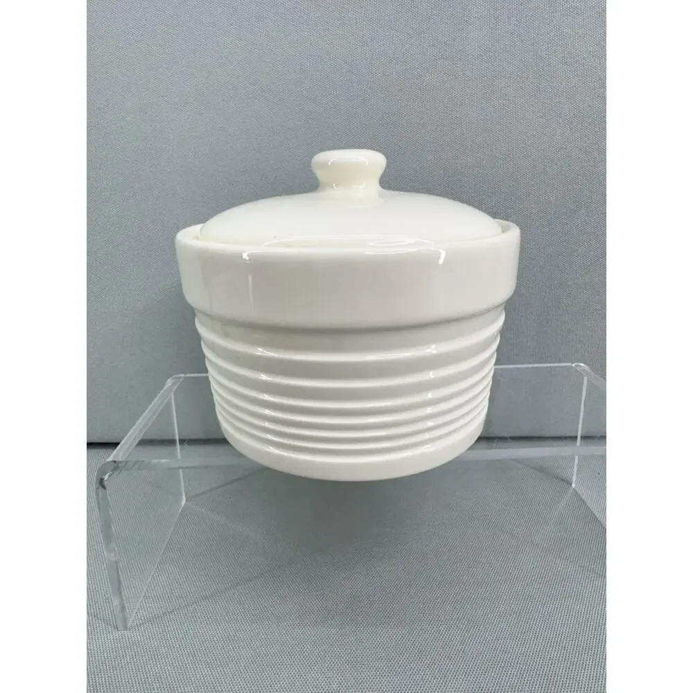 Kohls White Ceramic Salt Cellar Canister Storage Jar w/ Lid Ribbed Kitchen